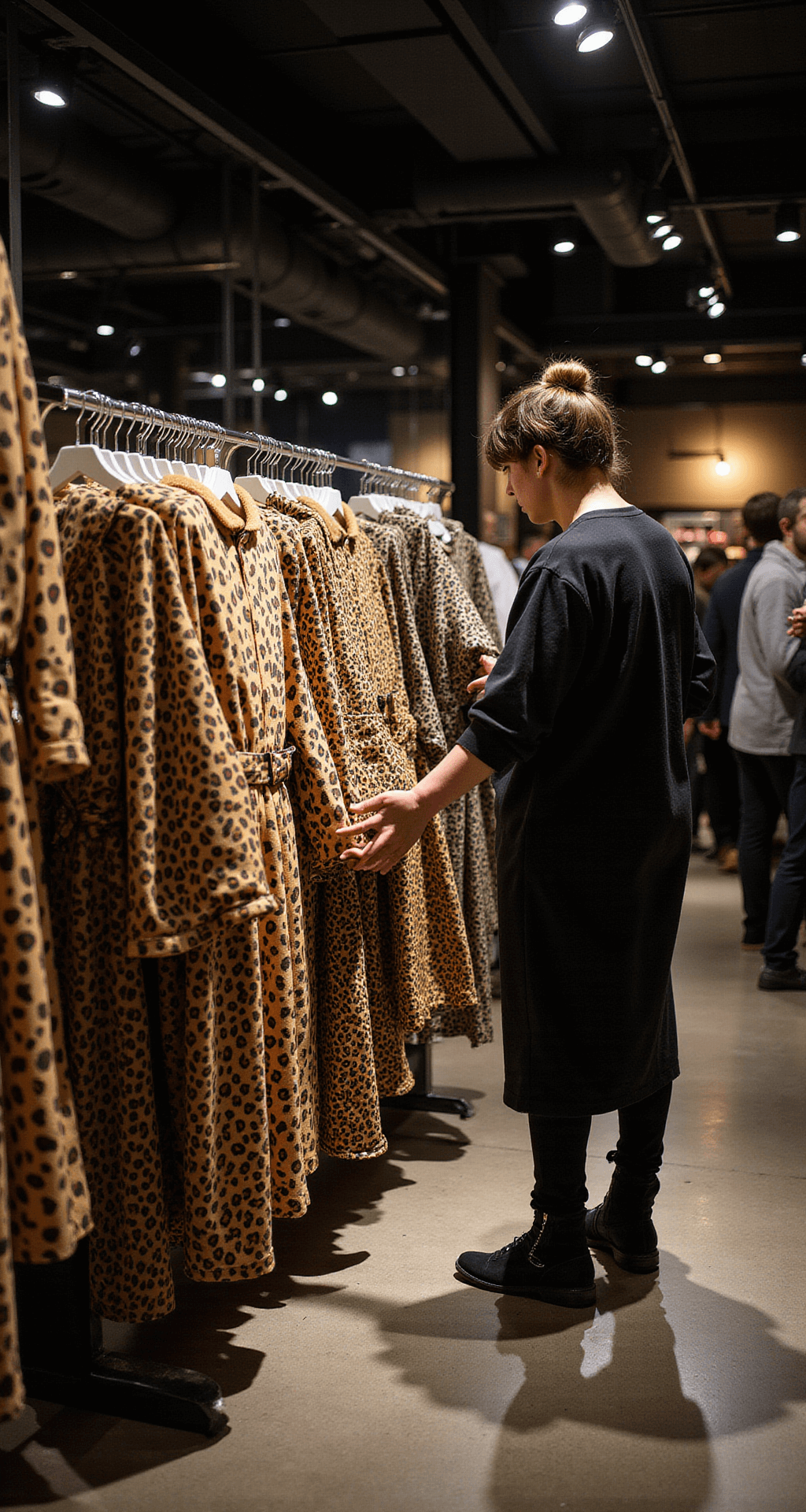 Upscale boutique interior featuring Halloween displays, with a customer browsing a rack of designer cheetah costumes. Dramatic spotlighting casts shadows, creating an editorial-style shopping atmosphere highlighted by leading lines.
