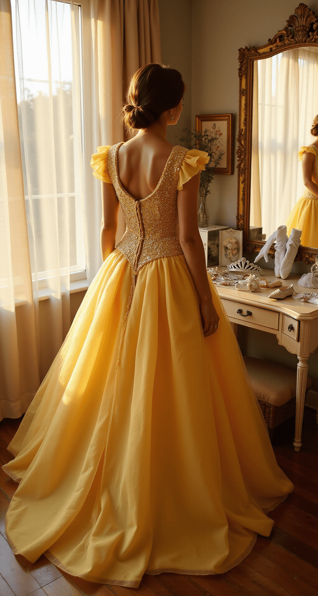 A young woman in a Belle-inspired yellow ball gown stands in a sunlit boutique dressing room, surrounded by floor-to-ceiling mirrors. Golden hour light filters through gauzy curtains, illuminating the gown's beadwork and tulle layers. Princess costume accessories, including a tiara, white gloves, and crystal-studded shoes, adorn a vintage vanity nearby, all captured with a soft focus effect.