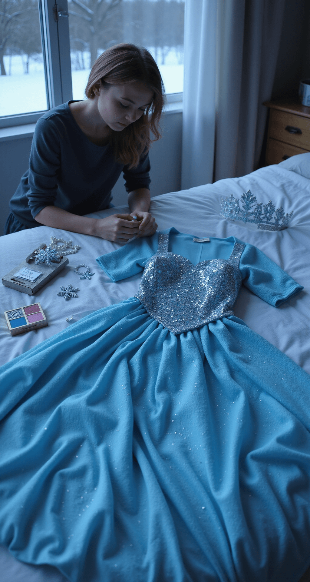 A cozy bedroom at blue hour showcases a teenager examining a modern Elsa-inspired costume on a plush white duvet, with cool natural light highlighting the costume's ice-blue sequins and flowing cape. Nearby, a neatly arranged collection of matching accessories includes a crystal crown, silver snowflake jewelry, and a frosted makeup palette, captured from above.