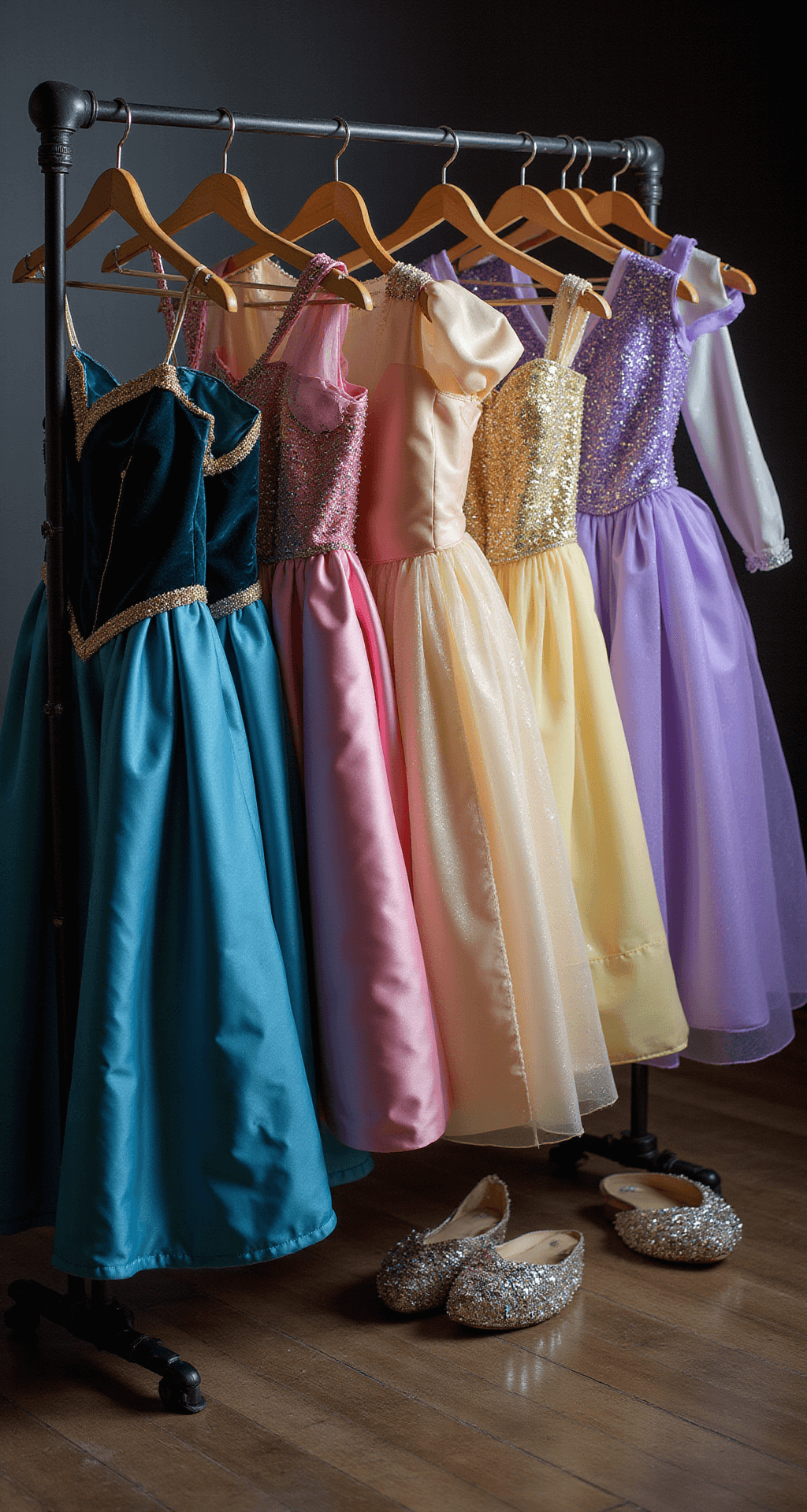 A professional costume studio displays a rack of premium princess gowns in rich fabrics like velvet and satin, illuminated by dramatic side lighting. The gowns in jewel tones and pastels include intricate hand-sewn embellishments, alongside crystalline tiaras and designer shoes, captured in high detail.