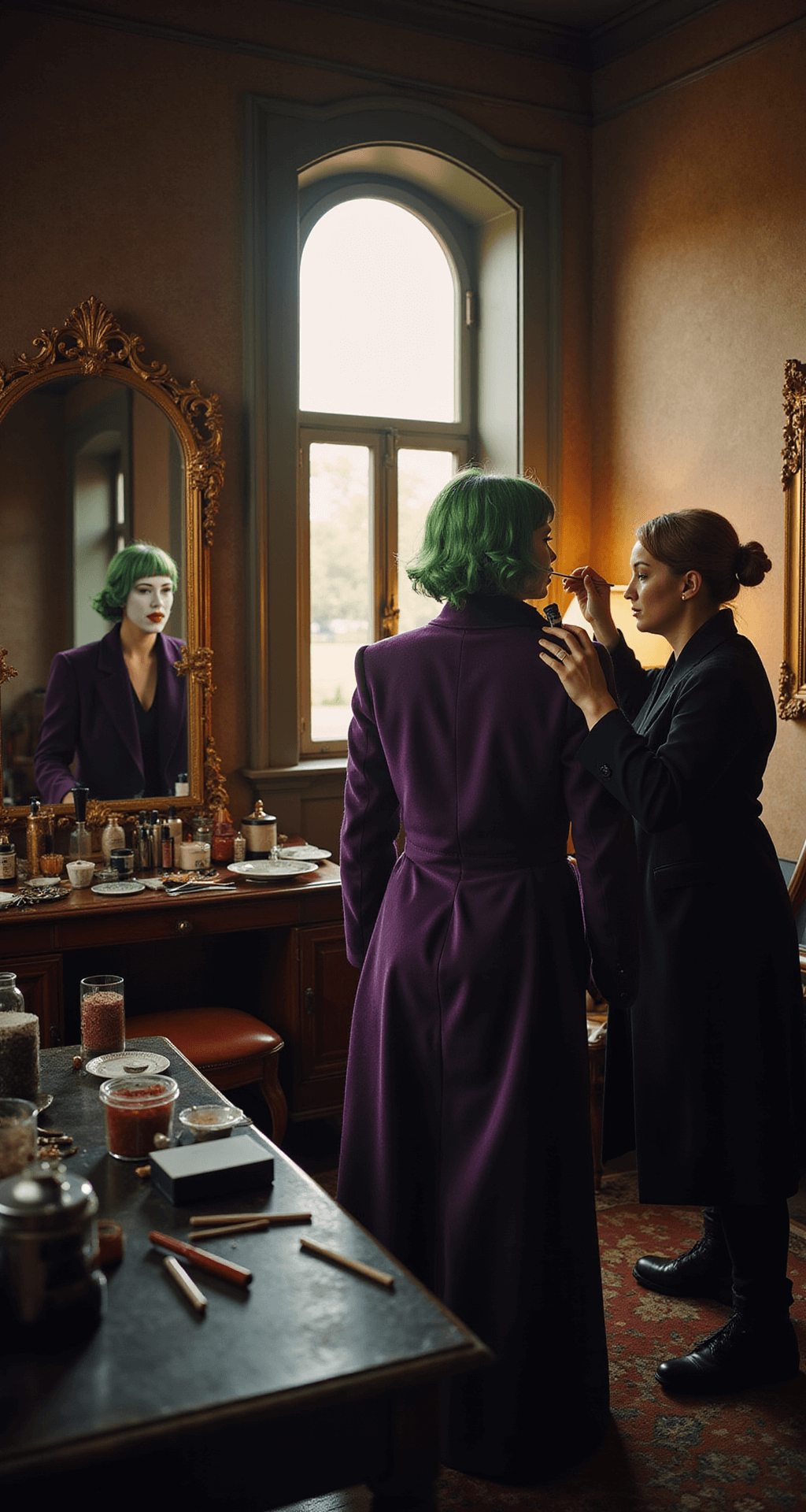 A vintage dressing room illuminated by golden hour light, showcasing a makeup artist applying white face paint to a model in a purple velvet suit jacket, surrounded by professional makeup tools and mirrors, with a close-up on red lipstick application and green hair styling.