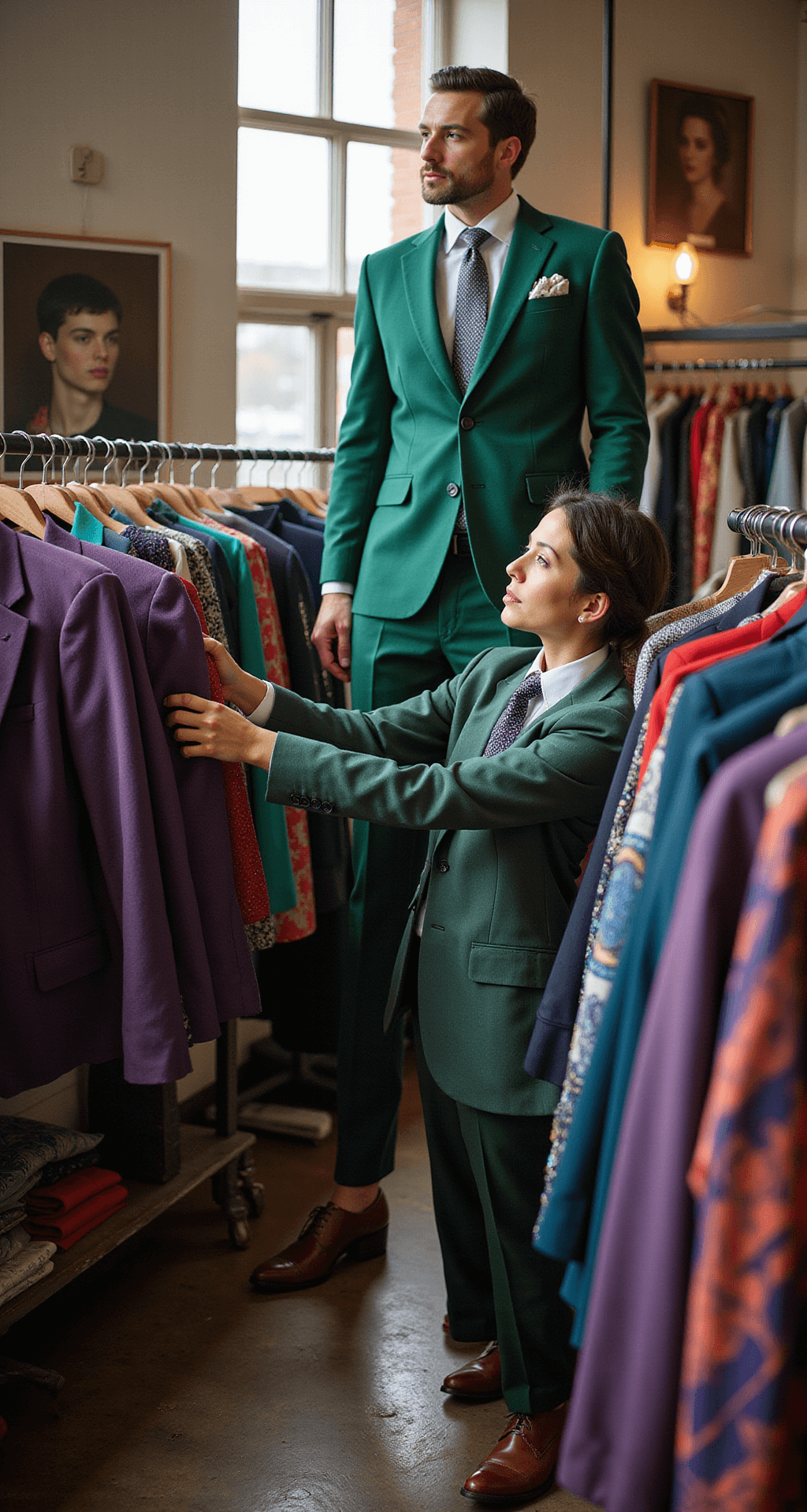 An eclectic thrift store interior filled with towering racks of vintage suits in warm, natural light. A fashion stylist examines a weathered emerald suit amid colorful blazers and shirts, capturing a treasure-hunting atmosphere.