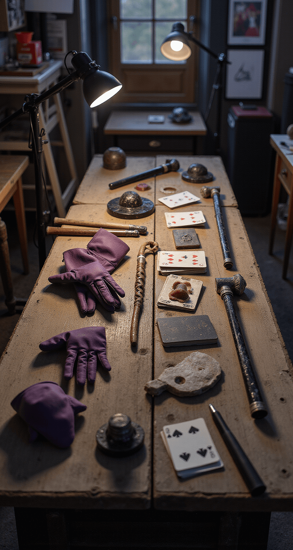 A professional costume workshop at dusk, featuring specialized props like playing cards, vintage canes, and purple leather gloves on a weathered workbench, illuminated by dramatic LED lights that accentuate the texture of prosthetic scars and custom accessories in various stages of completion.