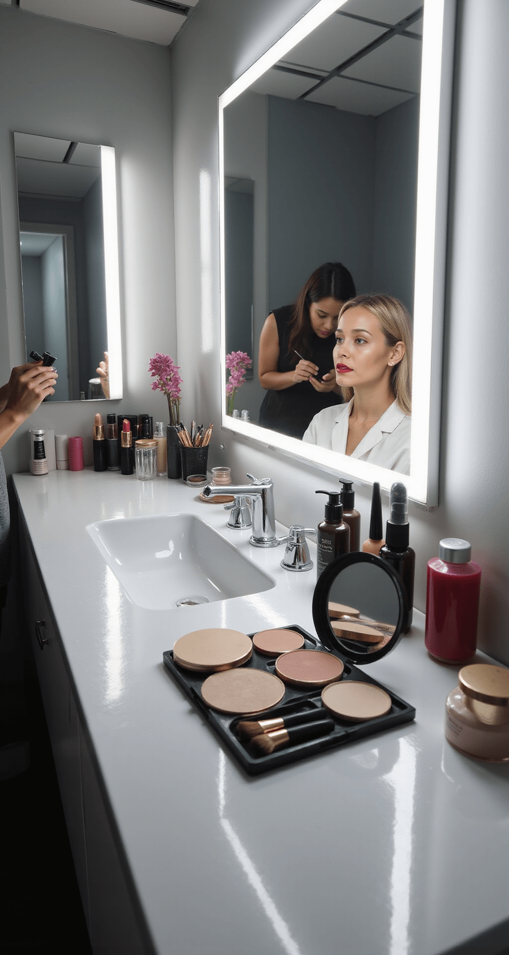 A bright, modern bathroom featuring a step-by-step makeup transformation with white foundation application, powder setting, and red lip creation, reflected in multiple mirrors, surrounded by neatly arranged high-end makeup products.
