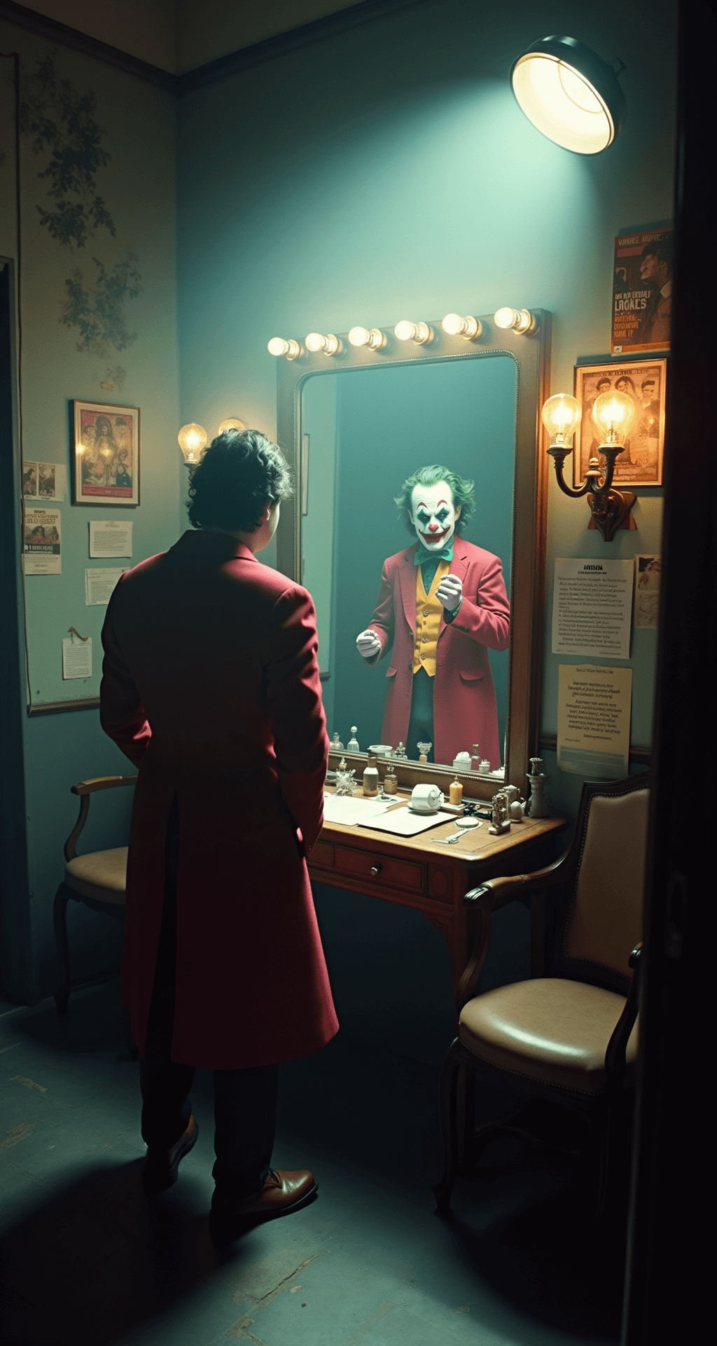 A method actor in a meticulously styled Joker costume practices in a theatrical dressing room adorned with vintage movie posters and character references, all illuminated by hazy atmospheric lighting during magic hour.