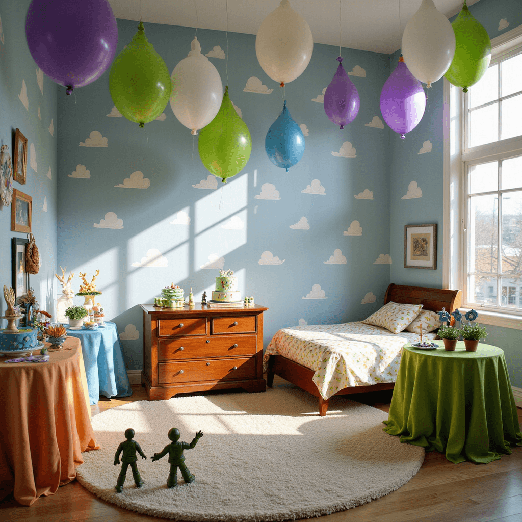 A whimsical birthday setup inspired by Andy's bedroom features cloud-printed wallpaper, a vintage wooden toy chest, and a twin bed with a star-patterned bedspread. Balloon garlands in Buzz Lightyear colors hang above round tables adorned with primary-colored linens and Toy Story figurine centerpieces. Sunlight filters through vintage-style windows, illuminating a dessert station with a 3-tier cake decorated with fondant clouds and stars, while Green Army Men are strategically placed throughout the scene.