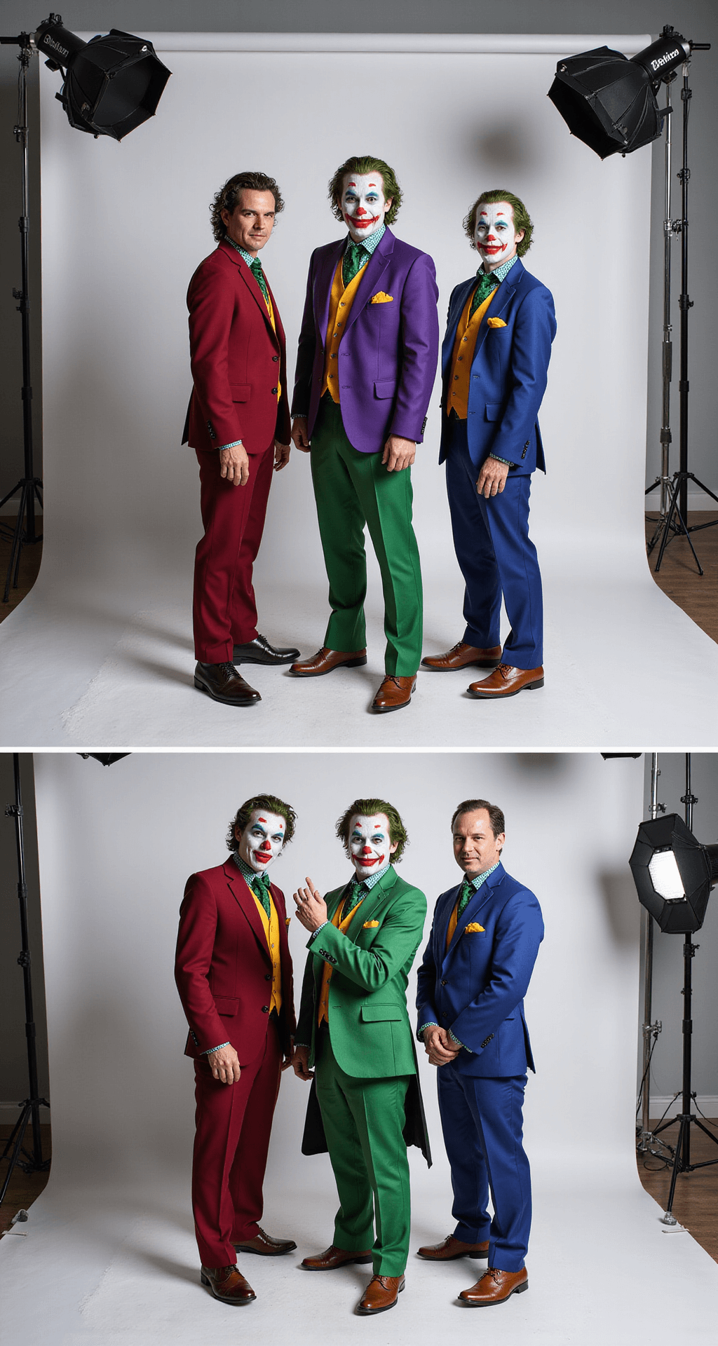 A professional photo studio displaying three distinct Joker costume styles side by side, featuring varied suit colors, makeup applications, and props against a clean white backdrop, with high key lighting emphasizing the textures and colors.