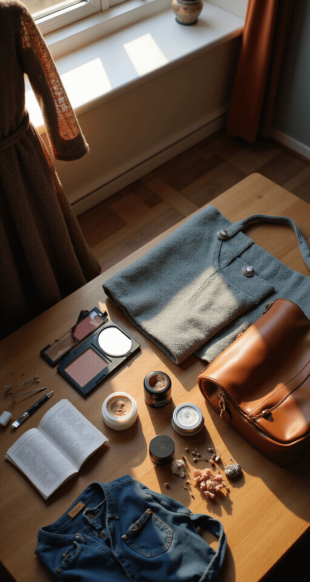An organized costume preparation space bathed in warm evening light, featuring a detailed flat-lay of emergency touch-up supplies including backup makeup, safety pins, and portable mirrors, with a styled costume hanging nearby and essential props arranged in a vintage leather bag, captured in soft natural lighting from an overhead perspective.