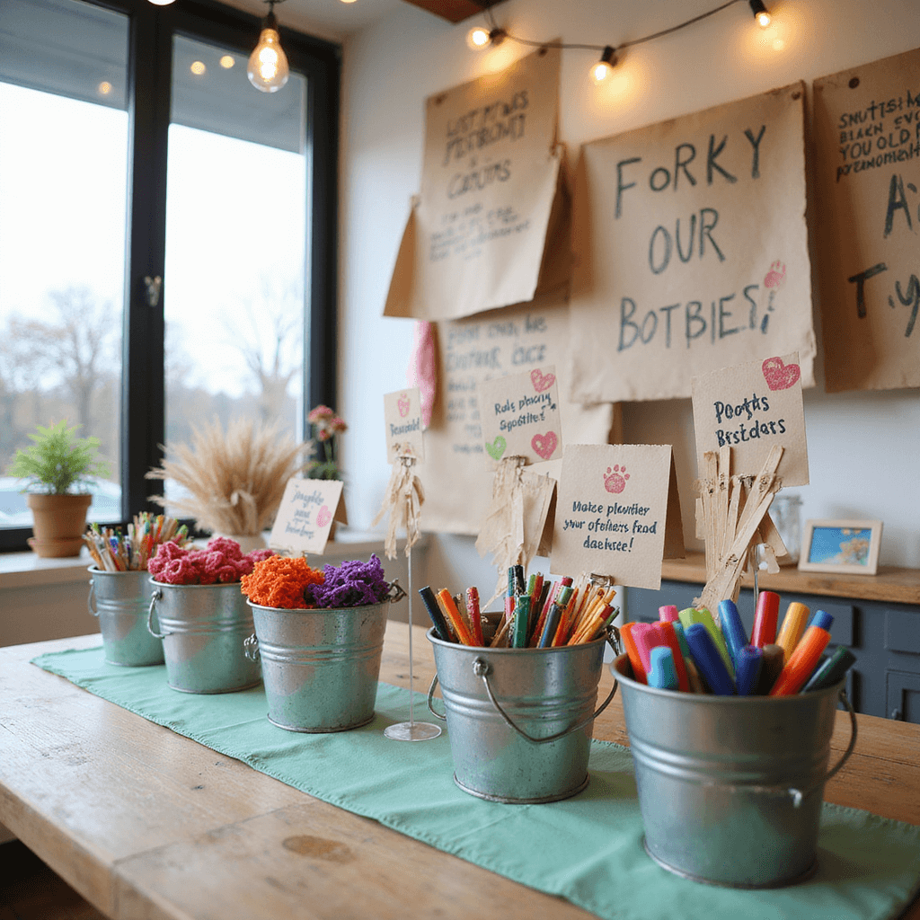 Close-up of a craft station with a wooden table covered in a mint green runner, showcasing organized craft supplies in galvanized buckets, including pipe cleaners, googly eyes, popsicle sticks, and colorful markers. Completed crafts on acrylic risers, with playful handwritten signage above and warm string lights creating an inviting atmosphere.