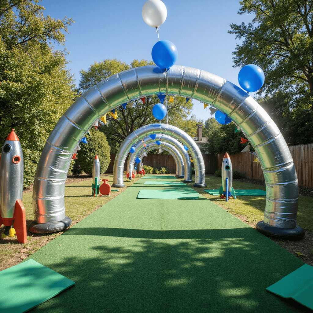 A wide shot of a backyard Space Ranger Training obstacle course featuring metallic silver archways with star garlands, green turf paths for 'alien territory', colorful cardboard rocket ships as course markers, floating blue and silver balloons, and safety mats in Buzz Lightyear colors.