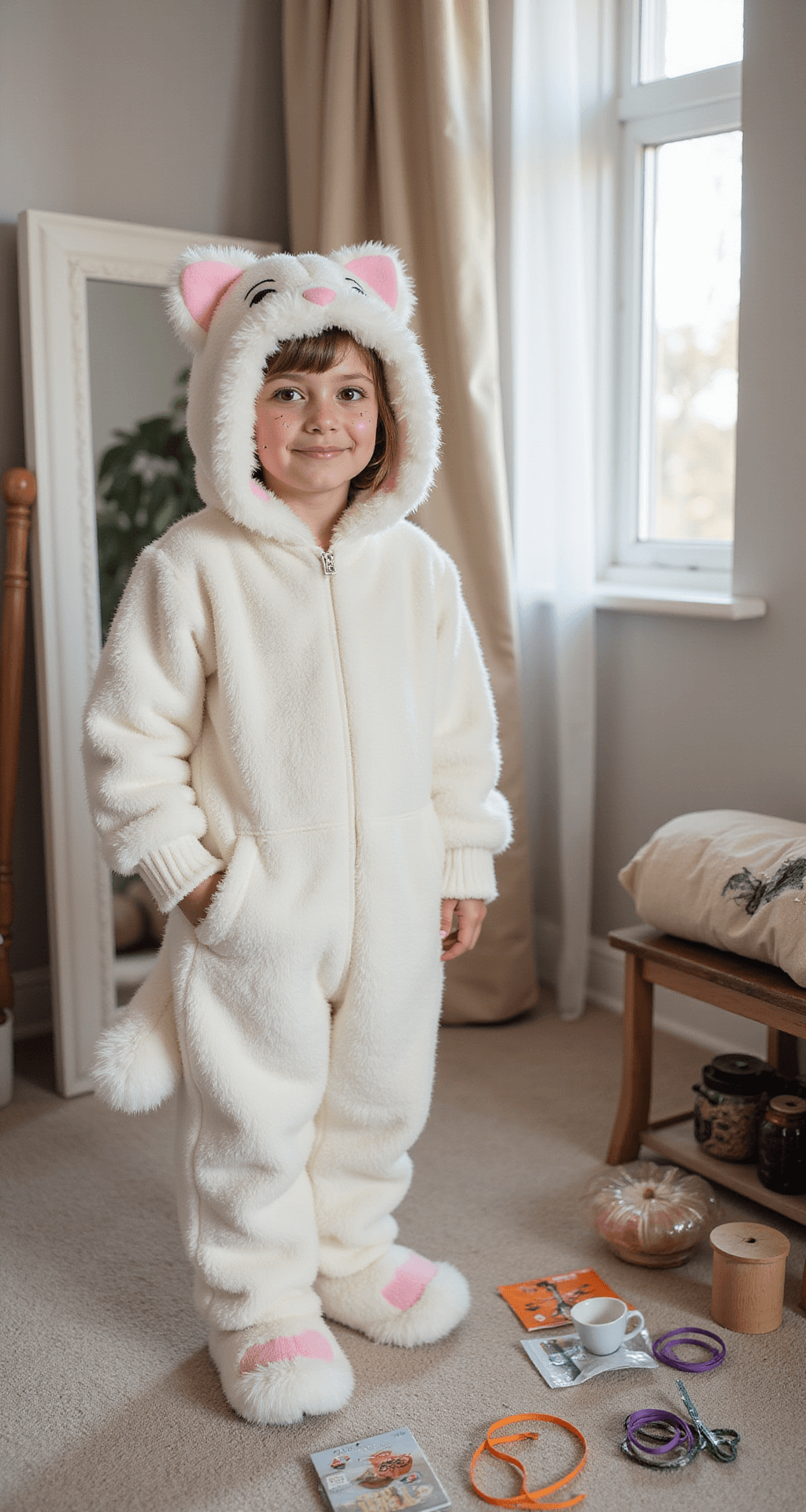 A young girl in a plush white cat jumpsuit with a hood and tail stands excitedly before a full-length mirror in a cozy bedroom, adorned with soft morning light. She has pink-tipped whisker face paint and is surrounded by Halloween accessories, ribbon spools, and craft supplies, all captured from a slight high angle.