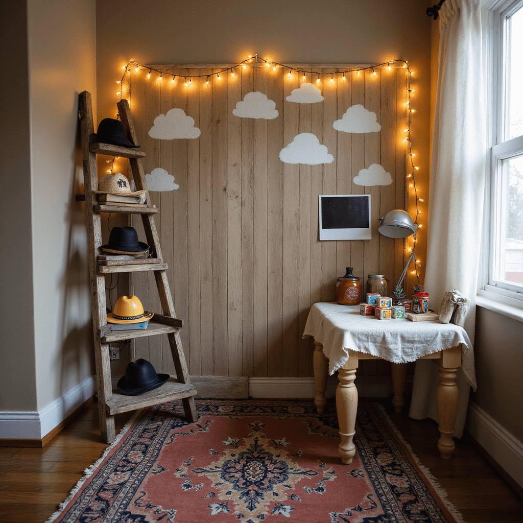A cozy vintage photo booth corner with a hand-painted rustic wooden backdrop, featuring blue clouds. A props table displays oversized sheriff badges, space helmets, and cowboy hats on a distressed ladder shelf. A muted primary colored Persian rug anchors the area, while warm fairy lights create a bokeh effect. A Polaroid-style frame cutout is adorned with toy blocks and miniature toys.