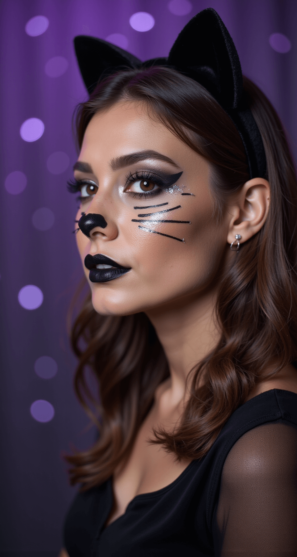 Close-up beauty shot of a model with cat-inspired face painting featuring detailed whiskers and nose, wearing a velvet black cat ear headband with silver accents, styled hair in sleek waves, set against a soft bokeh background in deep purple tones.