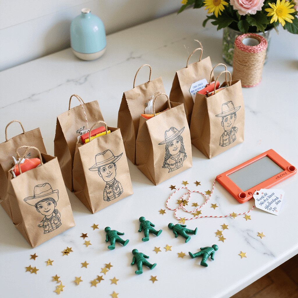 Flat lay of a party favor station featuring personalized brown paper bags stamped with Toy Story characters, each containing a mini Etch-a-Sketch, green army men, and sheriff badges, accompanied by metallic gold star confetti and colorful thank-you tags tied with baker's twine.