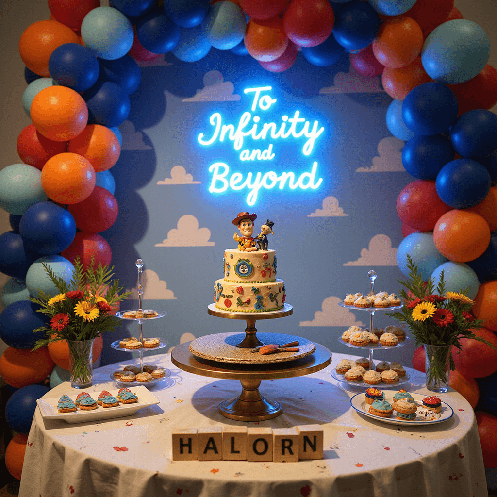 Dynamic shot of a Toy Story themed cake on a gold stand, surrounded by character-themed cookies on tiered displays, a neon blue 'To Infinity and Beyond' sign, balloon bouquets, and wooden toy blocks spelling out a child's name, all highlighted by warm spotlighting.