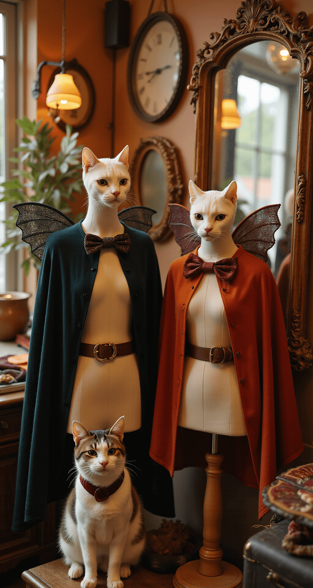 Charming vintage boutique interior with warm lighting, showcasing handmade cat costumes on mannequins, including bow ties, capes, and whimsical wings. Antique mirrors display Halloween decorations, while a resident shop cat models a burgundy velvet collar.
