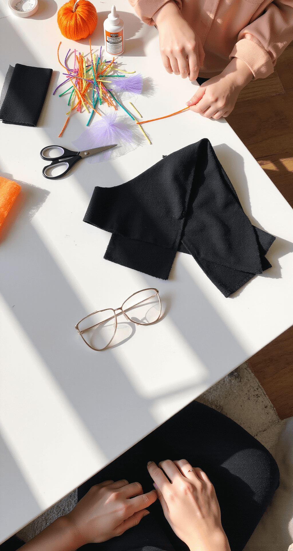 An overhead view of a bright and minimalist craft room featuring a DIY costume-making session with black fabric, felt ears, colorful pipe cleaners, and tulle scattered across a white workspace, alongside organized creative tools like scissors, glue, and measuring tape, accented with touches of Halloween orange.