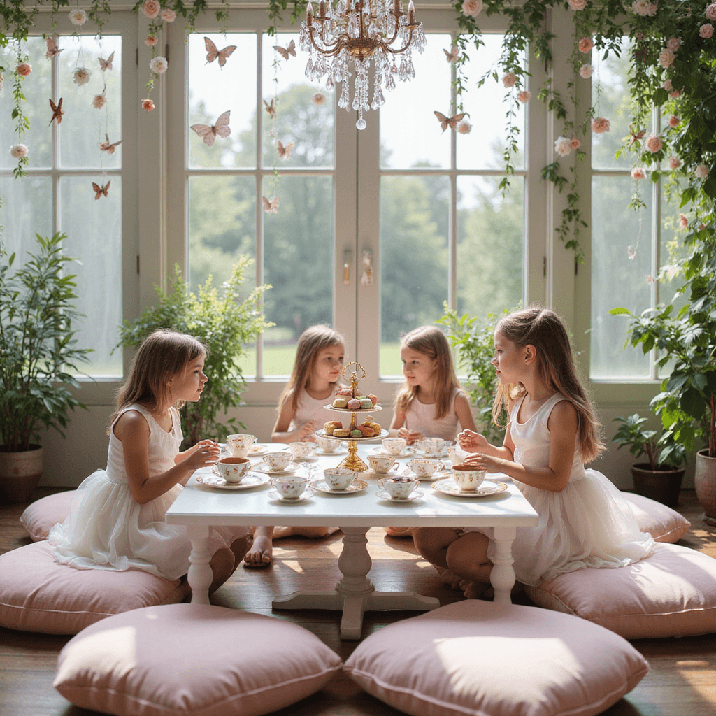 A whimsical afternoon tea party in a sunlit garden conservatory, featuring vintage floral teacups, gold-rimmed plates, and plush pink velvet cushions. Delicate paper butterflies and fresh roses hang from a crystal chandelier above, while little girls in tulle dresses enjoy pastel macarons and tiny sandwiches from miniature tiered cake stands, all bathed in soft natural light.