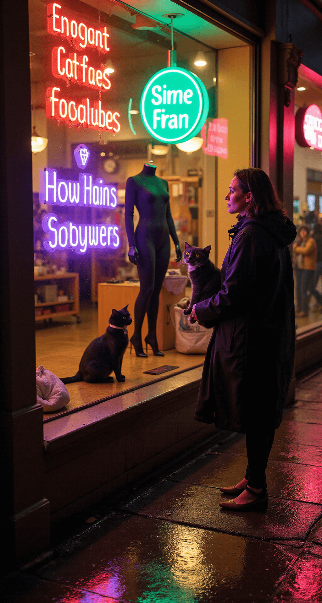 Evening street scene outside a Halloween store with warm lighting, featuring a woman browsing premium cat costumes while her cat in a black cape watches from a carrier, with neon signs reflecting on the rain-slicked sidewalk.