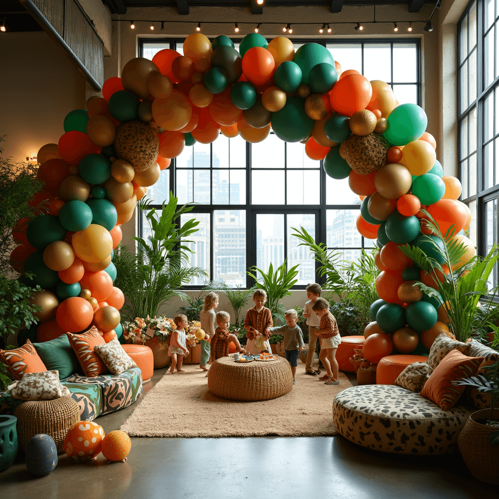A lively 'Wild & Three' birthday celebration in a modern loft, featuring a lush balloon arch, cozy seating areas with animal print cushions, whimsical safari decorations, and children dancing in animal masks under twinkling fairy lights.