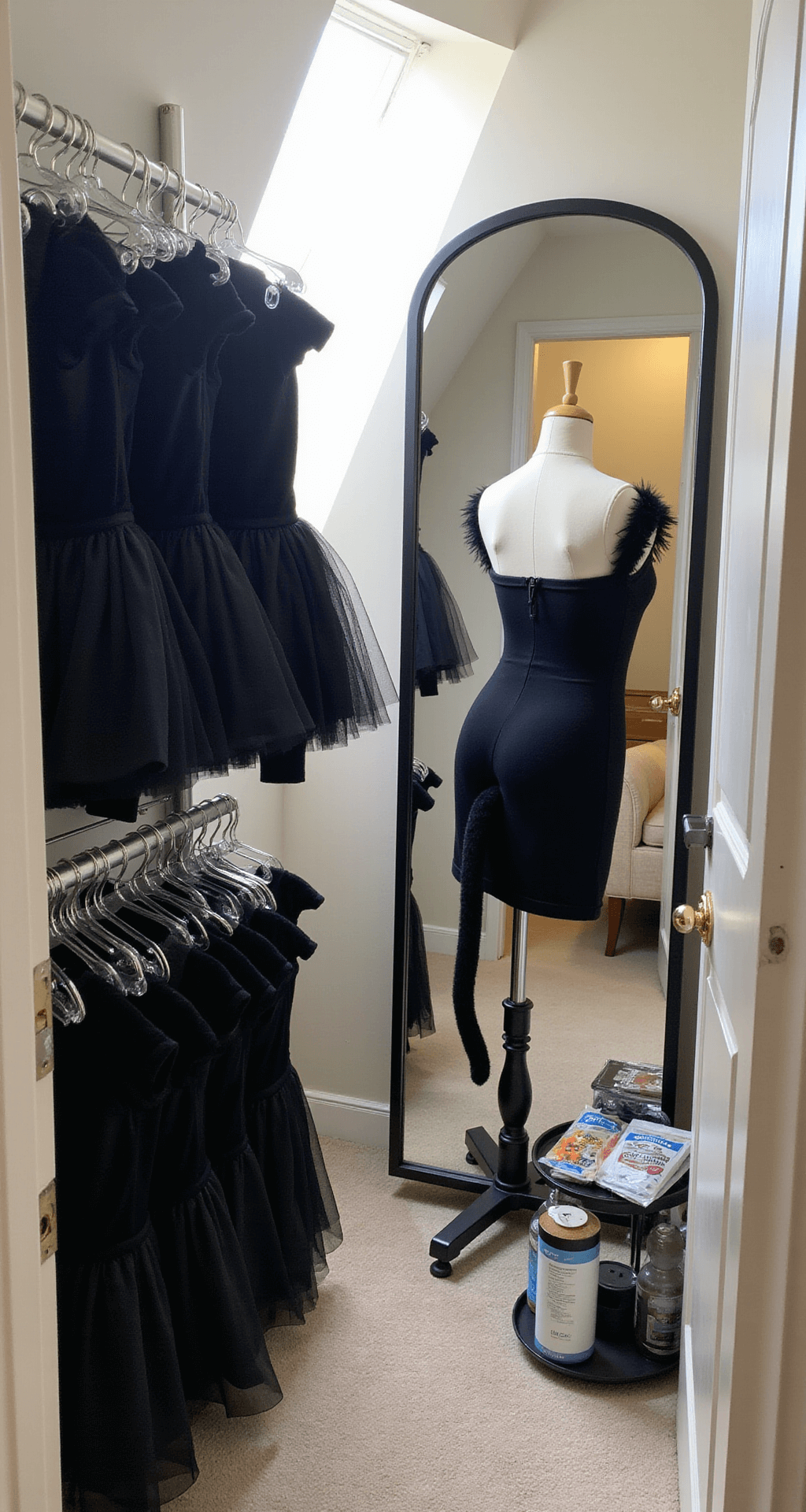 A modern walk-in closet filled with organized cat costume elements on velvet hangers, illuminated by natural light from a skylight. The scene features black bodysuits, tutus, and handmade accessories, with a mirror reflecting a dress form dressed in a completed cat costume with a tail.