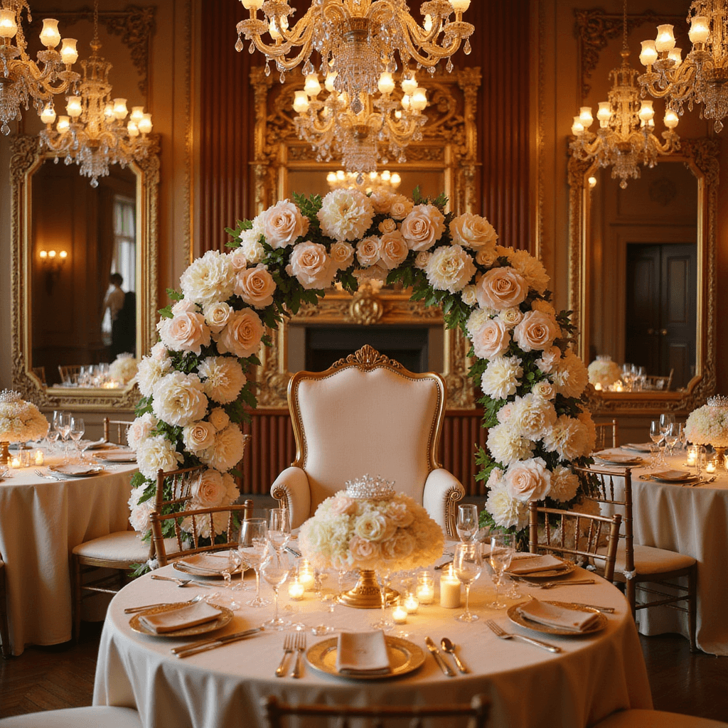 An enchanted princess celebration in a vintage ballroom at golden hour, featuring crystal chandeliers, champagne silk tables with rose gold crown centerpieces, a grand throne chair framed by blush and ivory roses, and tiara-wearing guests reflecting in ornate gilt mirrors, captured from a dramatic low angle.