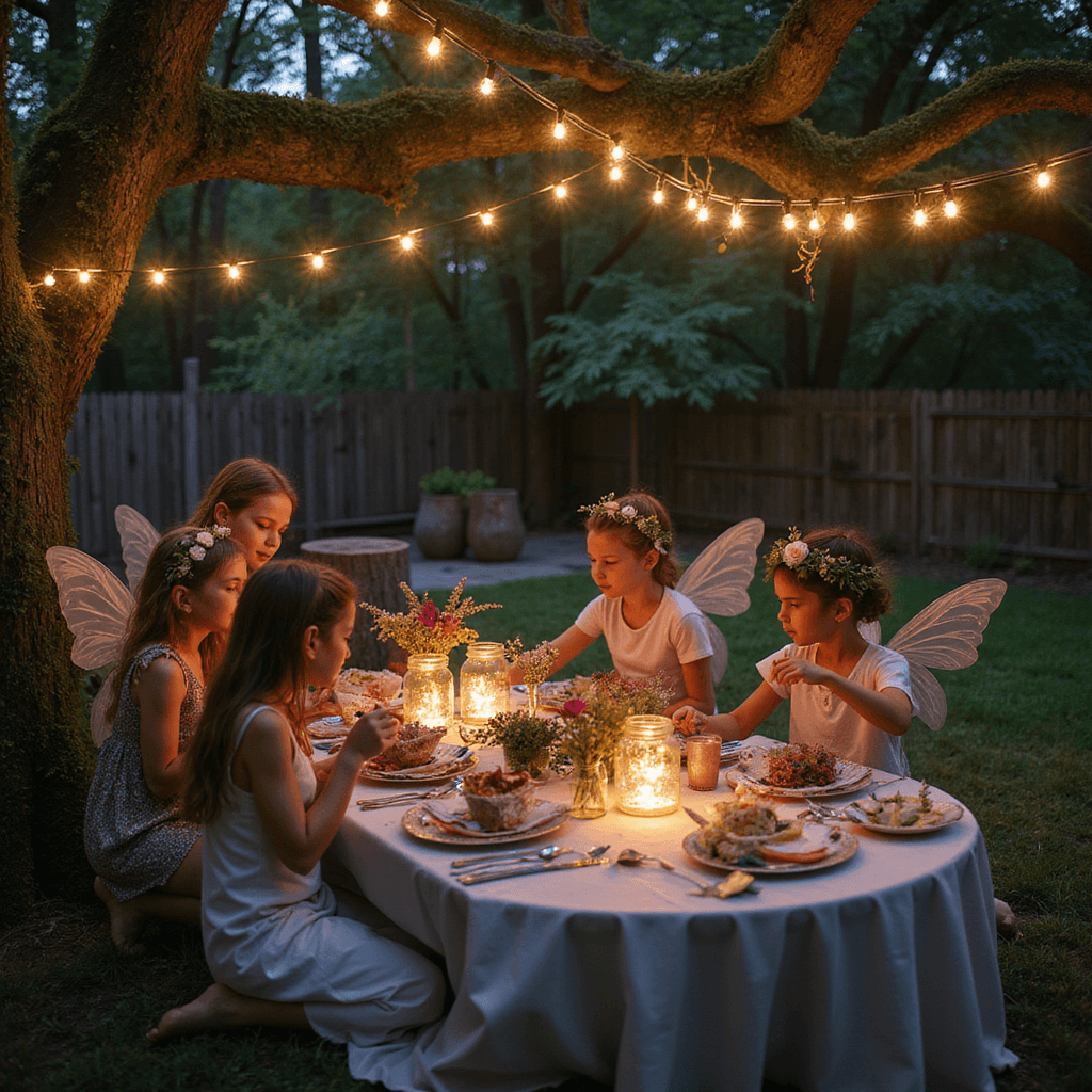 A magical fairy party in a backyard at dusk, featuring twinkling string lights, moss-covered stumps, children crafting with glowing firefly lights, and scattered flower crowns and crystal wands, all captured in soft moody light with bokeh effects.