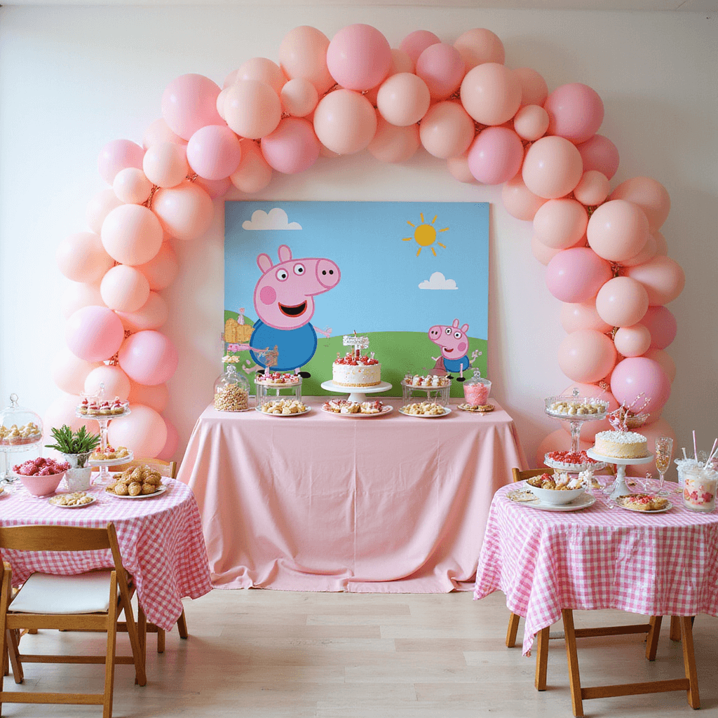 A vibrant Peppa Pig themed celebration in a modern playroom, featuring candy-colored balloons, a custom illustrated backdrop, pink gingham activity stations, golden pig accents, and a dessert cart with character-themed treats, captured from above to highlight the playful layout.