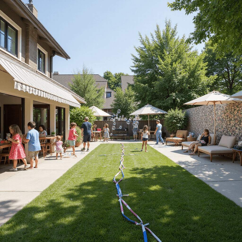 An interactive party zone featuring children engaged in activities like face painting and a ribbon obstacle course, with parents relaxing on modern furniture under a striped awning, set in a stylish indoor-outdoor space.