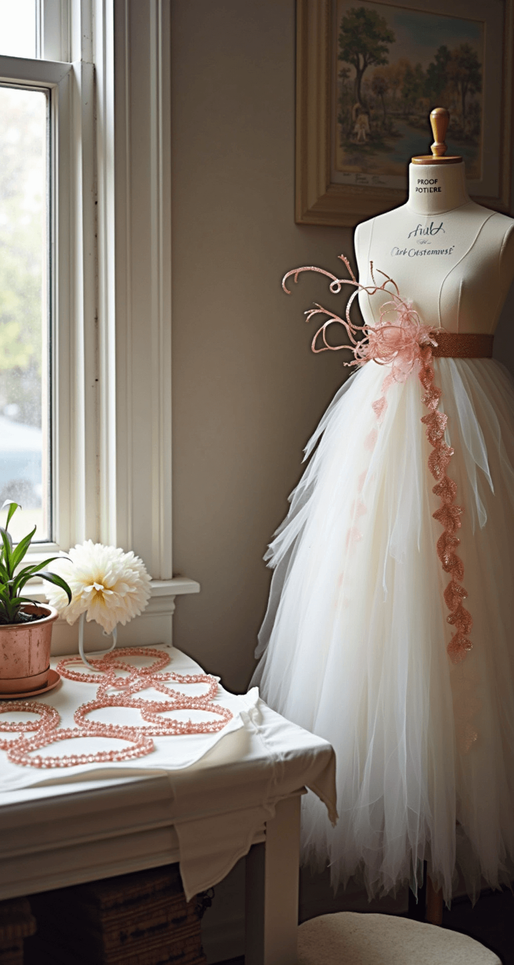 Cozy craft room filled with natural light, showcasing a DIY Cupid costume creation with white tulle and feathers on a large workstation, rose gold ribbon, heart-shaped crystals, and handcrafted wing frames; a vintage dress form displays a partially completed costume draped with pinned fabric, all in a warm, intimate atmosphere.