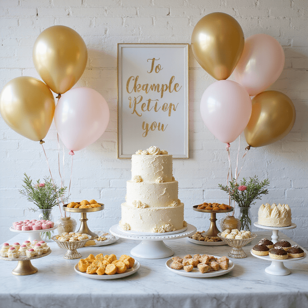 A contemporary kitchen filled with a vibrant dessert celebration featuring a central birthday cake on a marble island, surrounded by color-coordinated sweets on various stands, with modern calligraphy signage against a textured white brick wall, floating metallic balloons, and fresh flowers in bud vases.