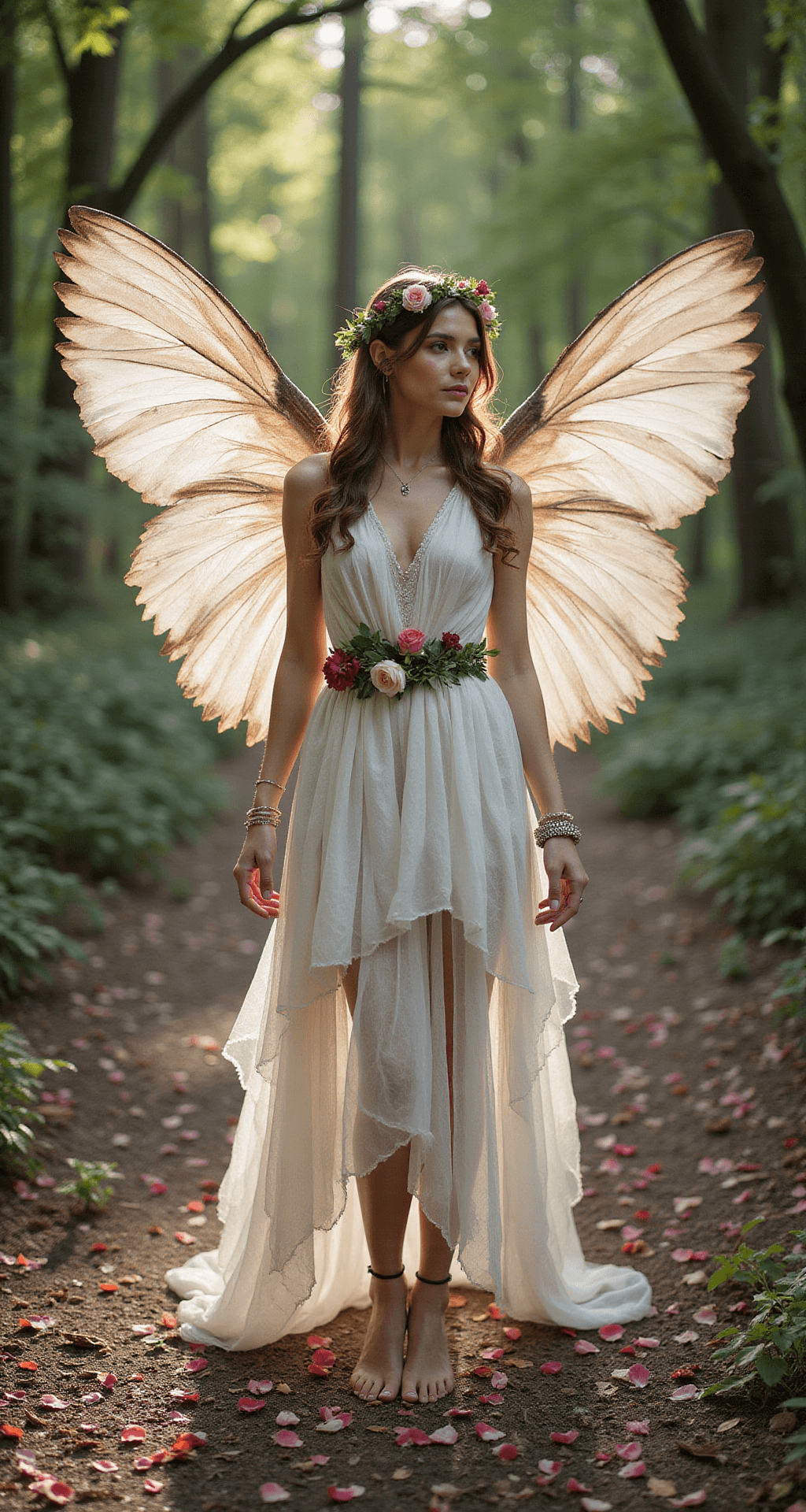 A whimsical photoshoot in a forest clearing features a model dressed in a toga-style gown made of flowing, gossamer fabric and adorned with fresh flowers. She wears large feather wings that shimmer in the sunlight, showcasing bare feet decorated with delicate ankle jewelry. The scene is enhanced by scattered rose petals on the ground.