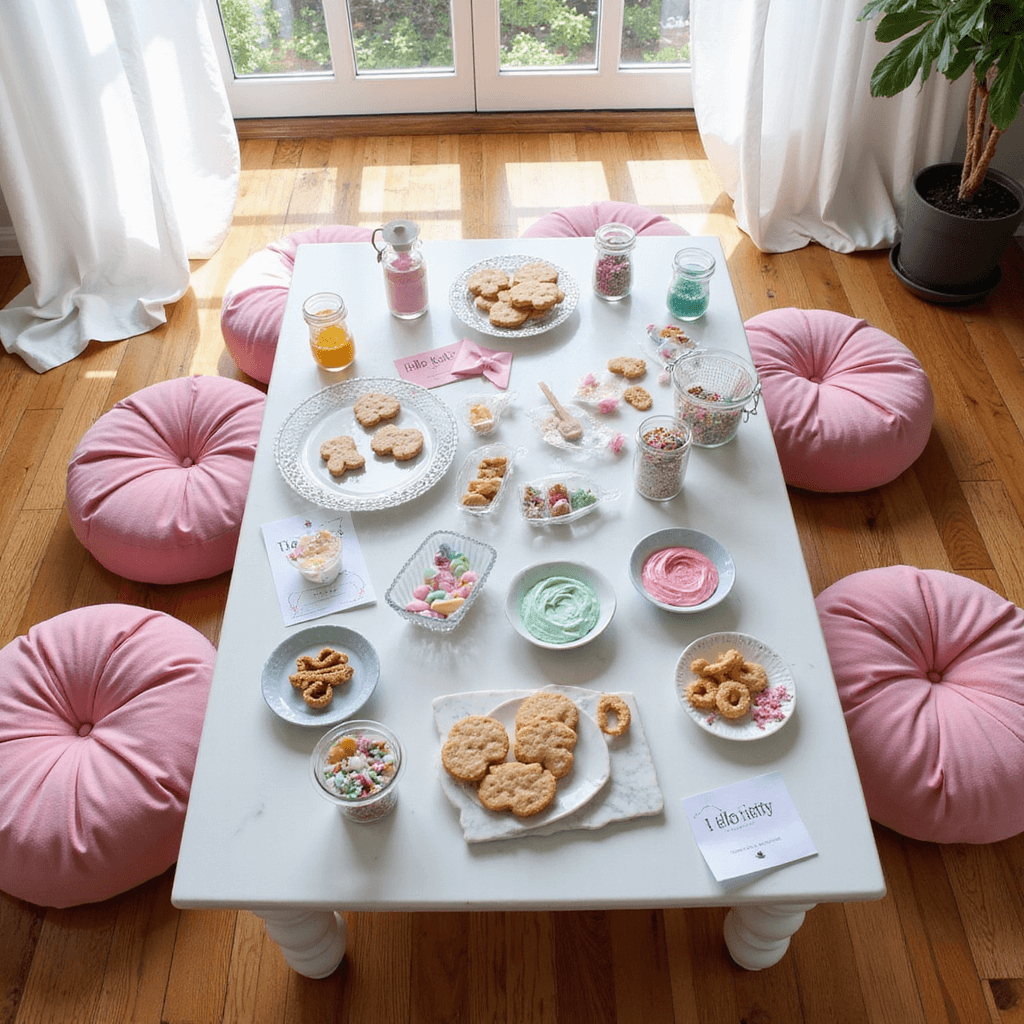 Overhead view of a bright living room with a low white table set for a cookie decorating activity, surrounded by pink velvet floor cushions, featuring Hello Kitty-themed supplies, including pastel frostings, sprinkles, cookie cutters, and pre-baked cookies on marble platters, marked with handmade bow-shaped place cards.