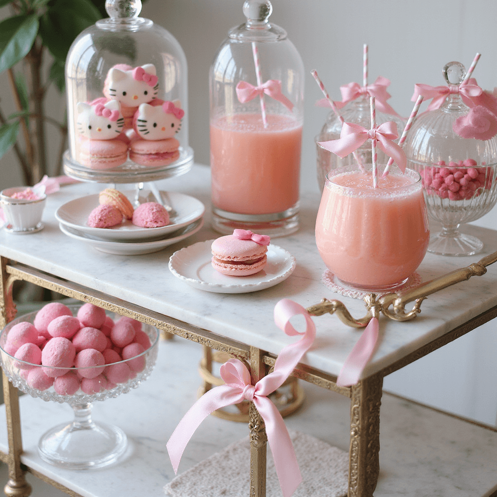 Close-up of a stylish Hello Kitty-themed dessert cart featuring a white marble surface with glass cloches over character-shaped macarons, crystal dispensers of pink lemonade with bow-tied straws, and geometric candy dishes filled with coordinating sweets, all illuminated by soft afternoon light.
