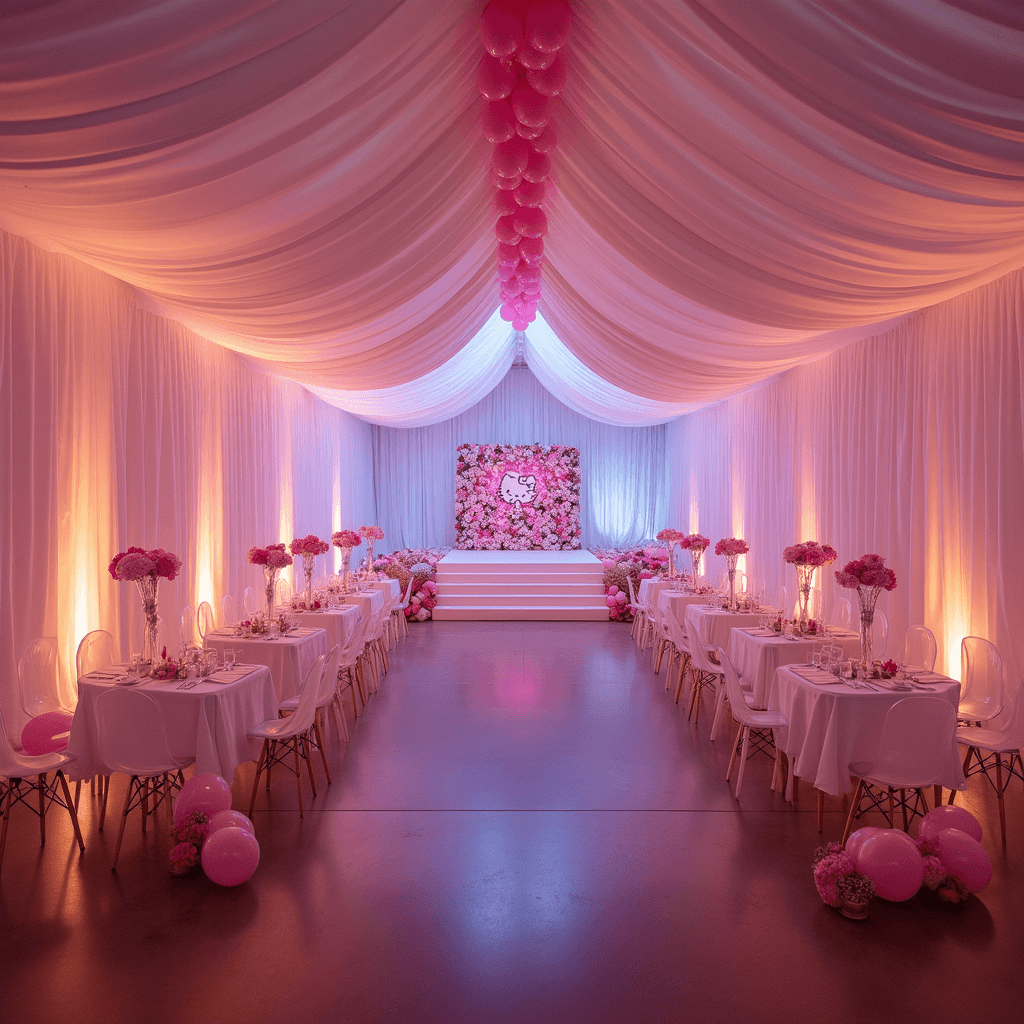 Cinematic wide shot of a transformed indoor party space at dusk, featuring draped white fabric walls illuminated by warm uplighting, a life-sized Hello Kitty backdrop with a flower wall for photos, pink balloon garlands, and scattered cocktail tables with ghost chairs.