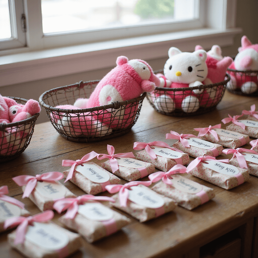 Detail-focused image of a party favor assembly station on a rustic wooden table, featuring vintage wire baskets with Hello Kitty plush toys, custom-wrapped candy boxes tied with grosgrain ribbons, and personalized gift bags, all arranged in perfect symmetry, illuminated by soft window light.