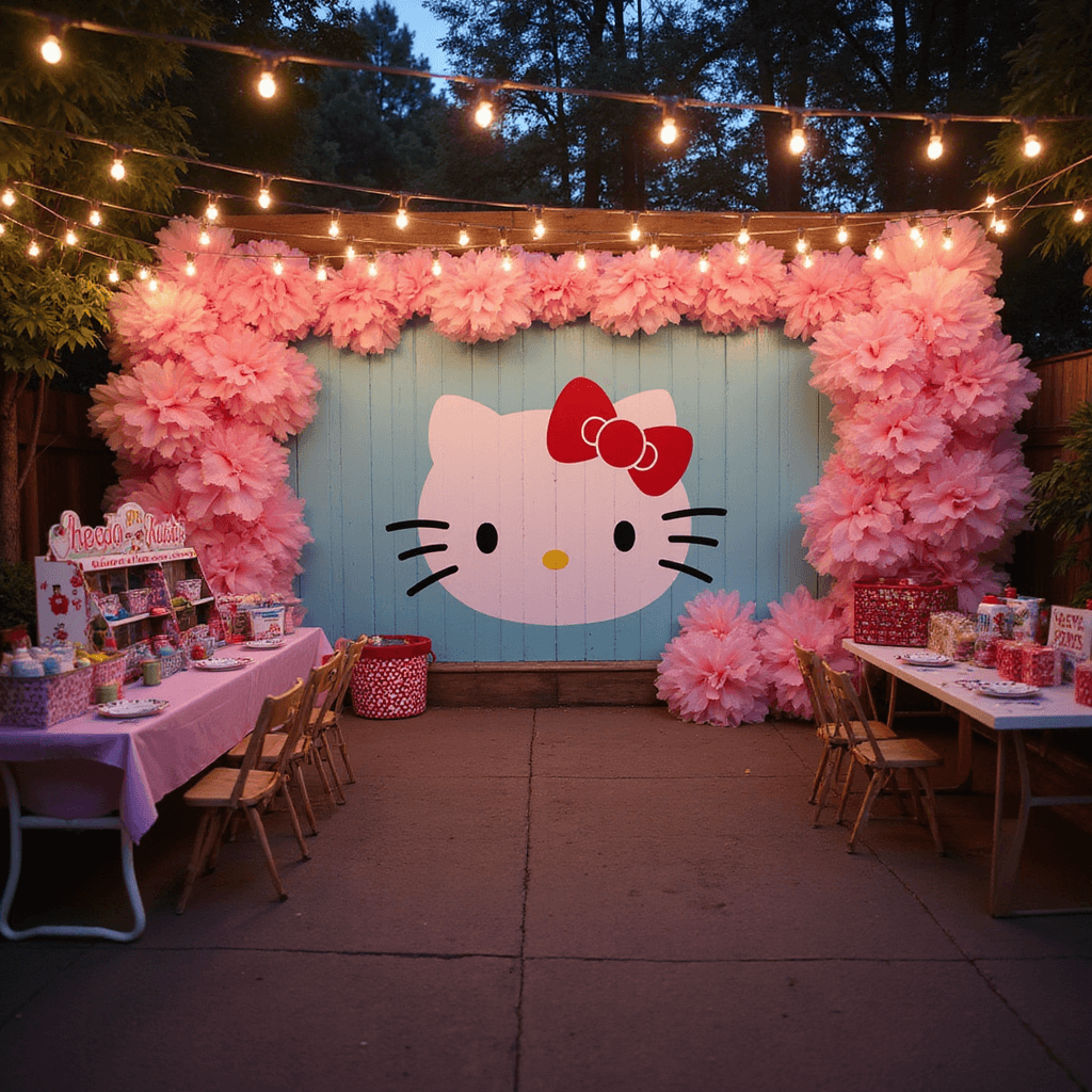 An atmospheric evening scene of an entertainment area with a Hello Kitty mural, illuminated by warm string lights. Pink tissue paper flowers adorn the space, while child-sized tables display prize baskets and activity supplies. Nearby, vintage carnival games are customized with Hello Kitty themes, adding a nostalgic touch.