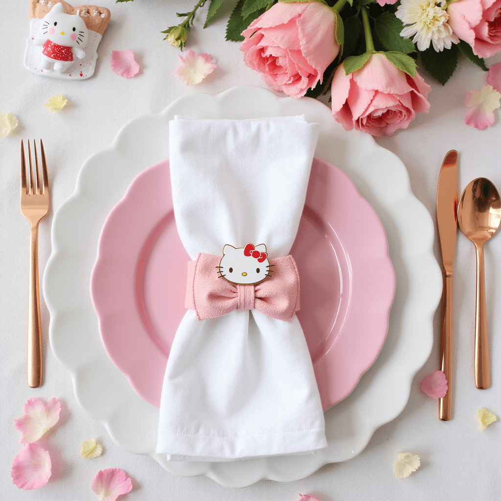 Flat lay of a Hello Kitty themed table setting featuring a white scalloped charger, pink porcelain plates, bow-shaped napkin rings with white linens, custom paper goods with delicate illustrations, rose gold cutlery, and scattered confetti and flower petals.
