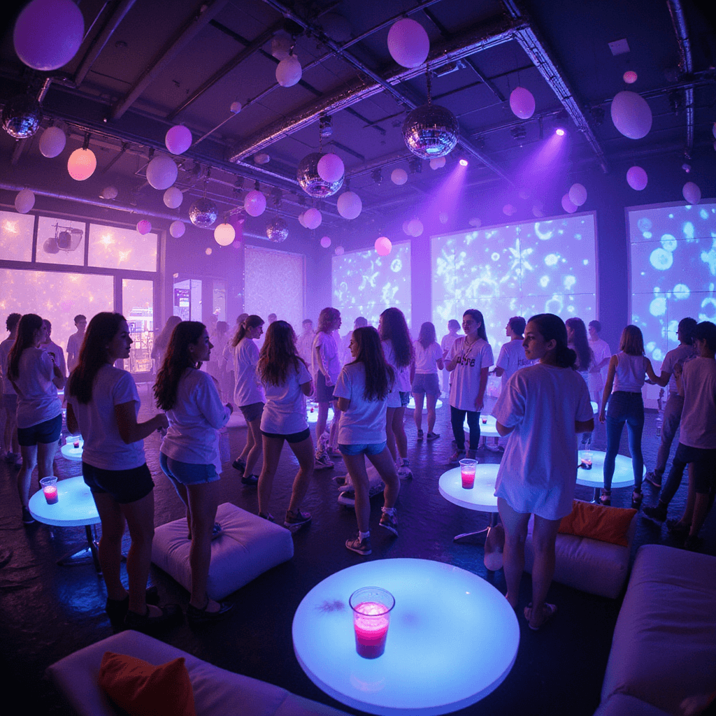 A vibrant glow party scene filled with teens dancing under UV blacklights, adorned in glowing white clothing and face paint, amidst floating LED balloons and geometric LED panels, while disco balls scatter colorful beams. Illuminated lounge areas feature glowing drinks and light-up accessories on performers in the background.