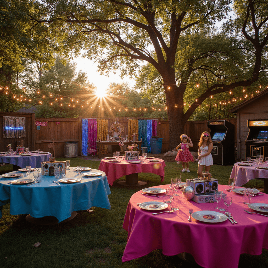 A vibrant retro-themed backyard party at golden hour, featuring fairy lights, an 80s-inspired photo wall with metallic fringe curtains and neon signs, round tables with hot pink and electric blue linens, boombox centerpieces, vintage arcade games, a sparkling DJ booth, and teen guests in period costumes with prop sunglasses and crimped hair.