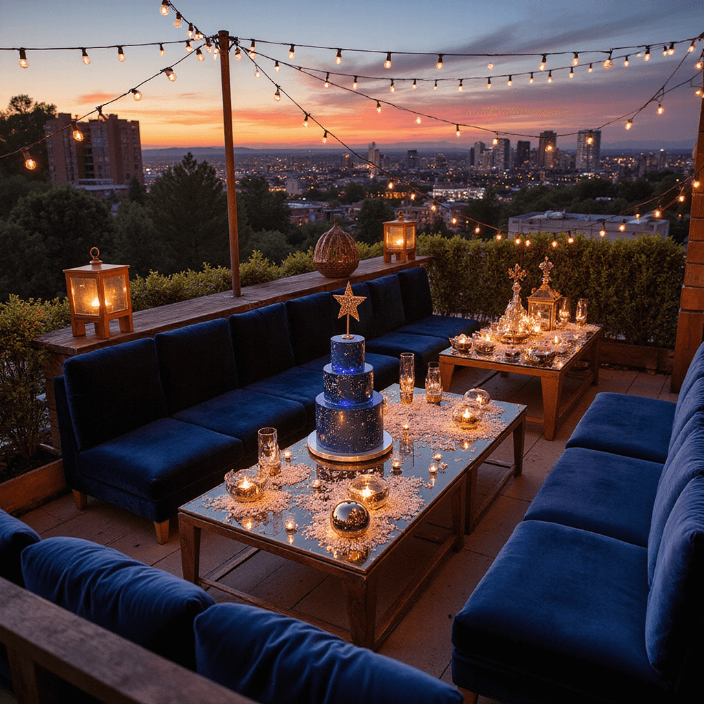 A luxurious rooftop venue at sunset with intimate lounge areas featuring deep navy velvet sofas, copper lanterns, and string lights, elegantly set with crystal-adorned tables and constellation-inspired centerpieces. A galaxy-themed three-tier cake and star-shaped treats are displayed at a dessert station, with twinkling city lights in the background.