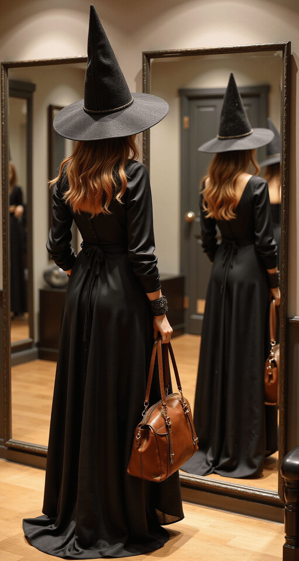 Bewitching Halloween Style: Your Ultimate Guide to Creating the Perfect Witch Costume A luxury boutique fitting room with a three-way mirror reflecting a classic witch costume reimagined: a black silk maxi dress with subtle shimmer, a vintage-inspired pointed hat with handstitched details, and rich leather handbag and boots. Warm lighting highlights the quality of the materials.