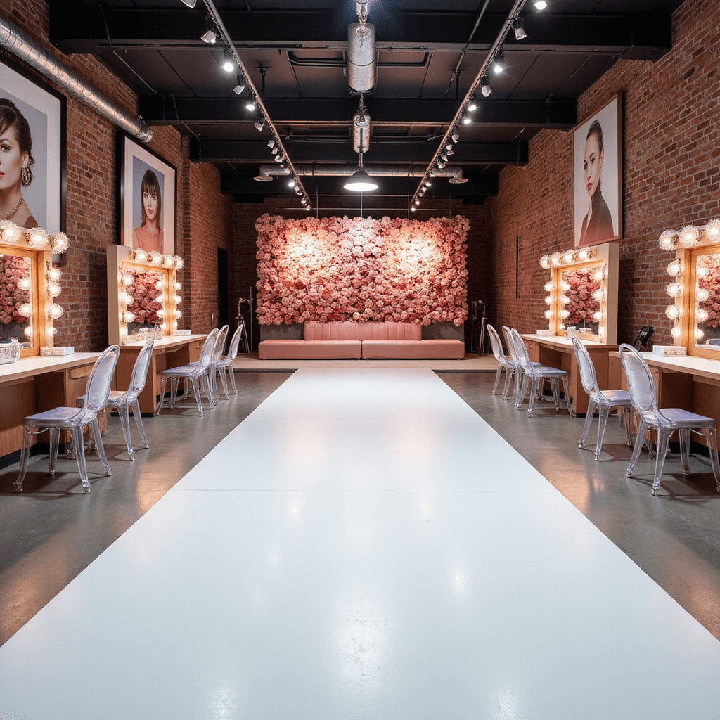 A modern industrial loft transformed for a Teen Fashion Show party, featuring a white runway, ghost chairs, LED strip lighting, exposed brick walls with fashion photography, metallic balloon installations, beauty stations with illuminated mirrors and pink seating, and a photo area with a paper flower wall in ombré shades of blush to burgundy.