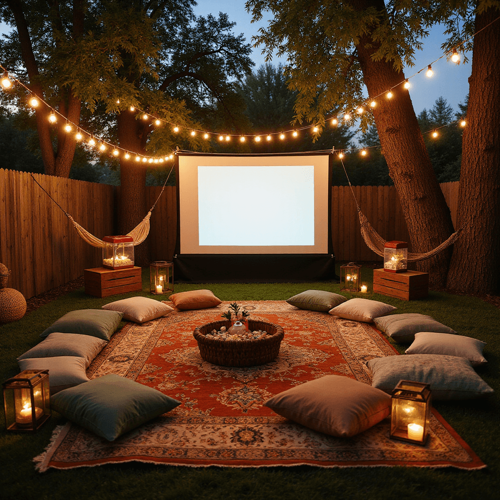 A cozy backyard movie night setup at dusk, featuring layered Persian rugs and floor pillows in warm terracotta and sage, a giant projection screen hanging between trees with string lights, wooden crates as side tables with vintage popcorn machines and candy stations, macramé hammocks, suspended lanterns, and baskets of blankets for comfort.