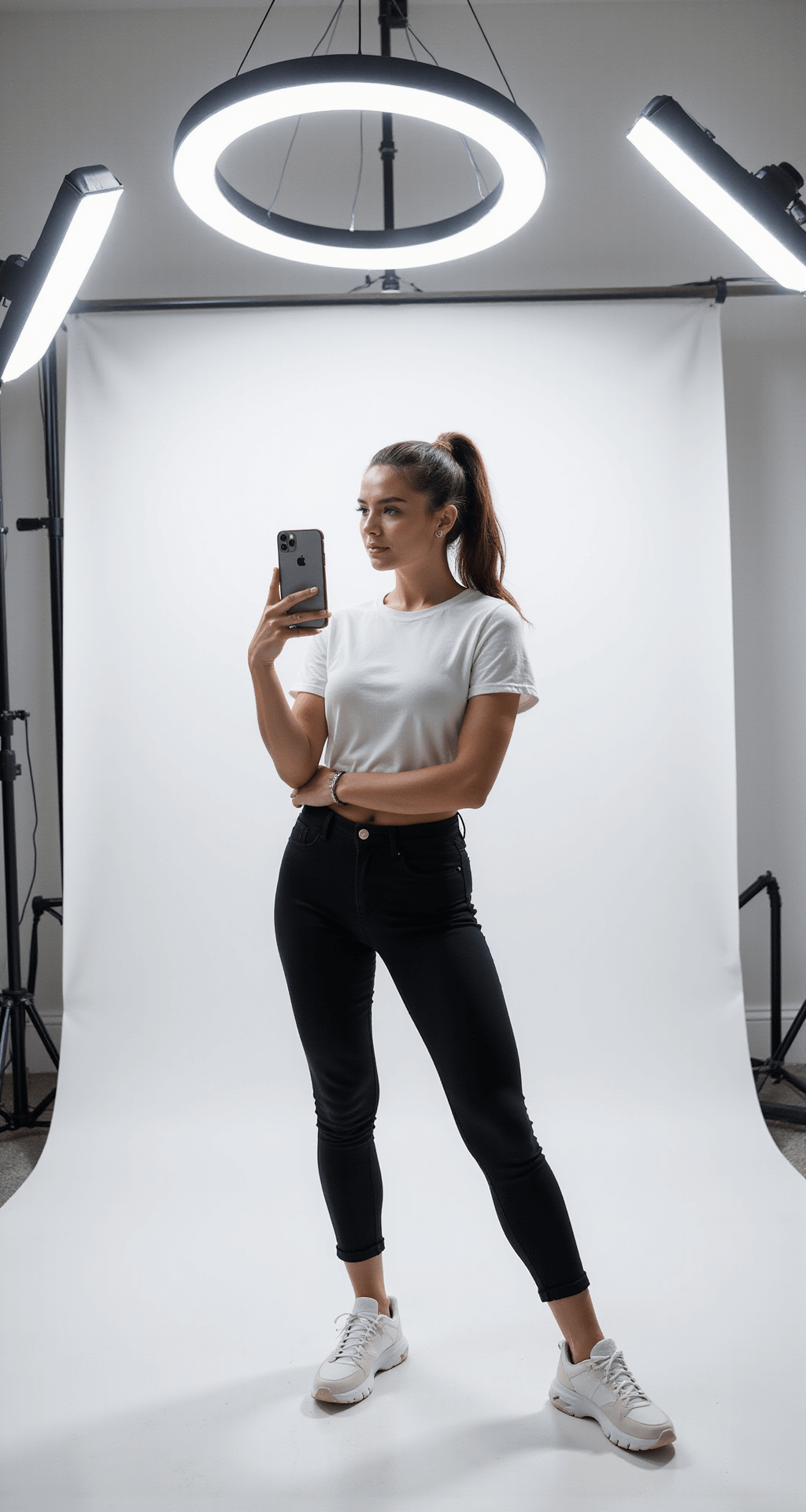 Fashion influencer in a minimalist white studio poses with the latest iPhone, wearing a cropped white tee, high-waisted black leggings, and chunky white sneakers, with ring lights and LED strips illuminating the space.
