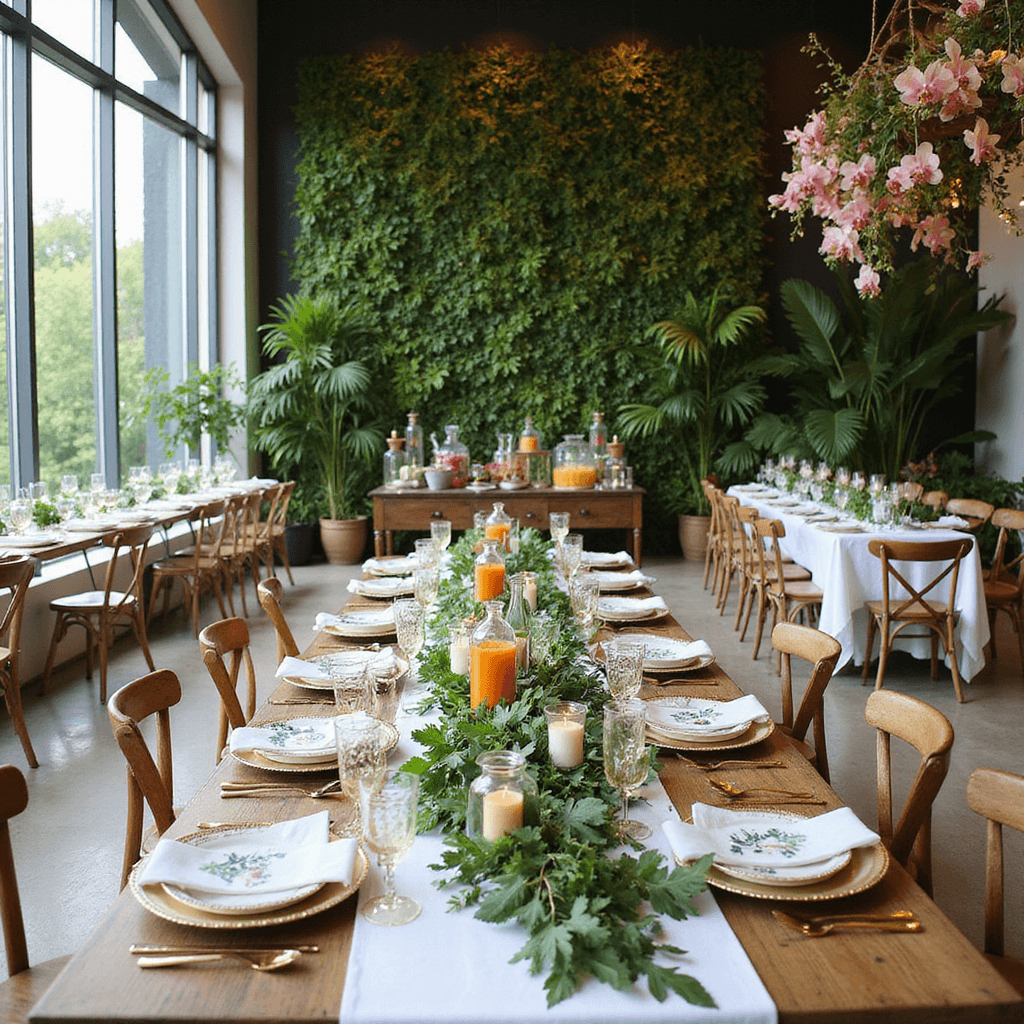 Indoor garden party with natural light, featuring long farm tables adorned with white linen, greenery garlands, and gold geometric terrariums. A lush living wall and suspended orchids serve as a backdrop, while place settings include gold-rimmed glass chargers and botanical napkins. A vintage bar cart displays crystal decanters of fresh-pressed juices.