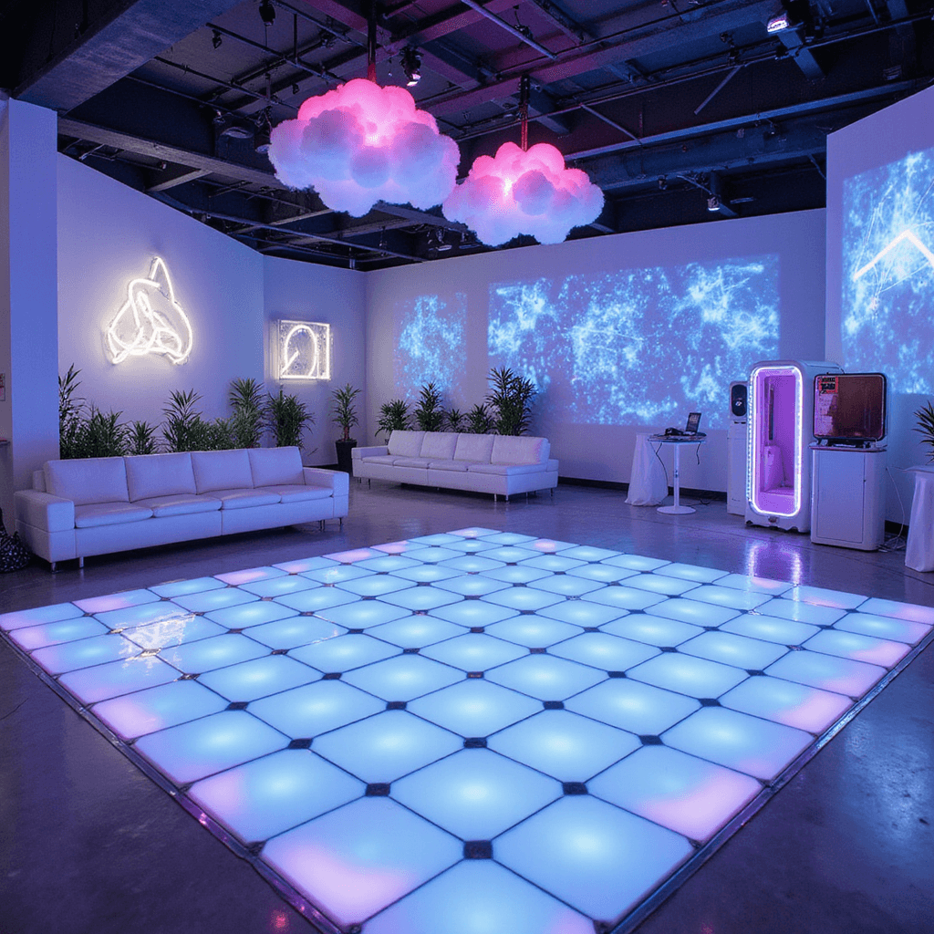 A vibrant tech-themed celebration in a modern event space featuring an LED dance floor, holographic décor, projection mapping, interactive gaming stations with neon-lit controllers, sleek white loungers with RGB lighting, a digital photo booth, floating LED clouds, and geometric light installations, all contributing to a futuristic atmosphere.