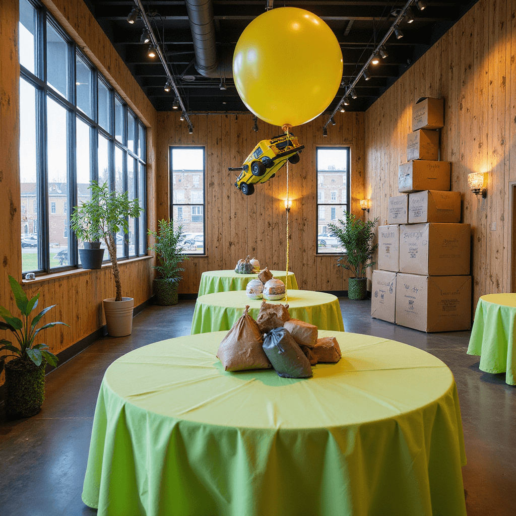 A vibrant indoor party space designed as a Fortnite wonderland, featuring boxwood panel walls, a large yellow Battle Bus balloon, round tables with lime green linens, creative centerpieces, blue ambient lighting, and decorative cardboard forts and ramps, all illuminated by soft afternoon light.