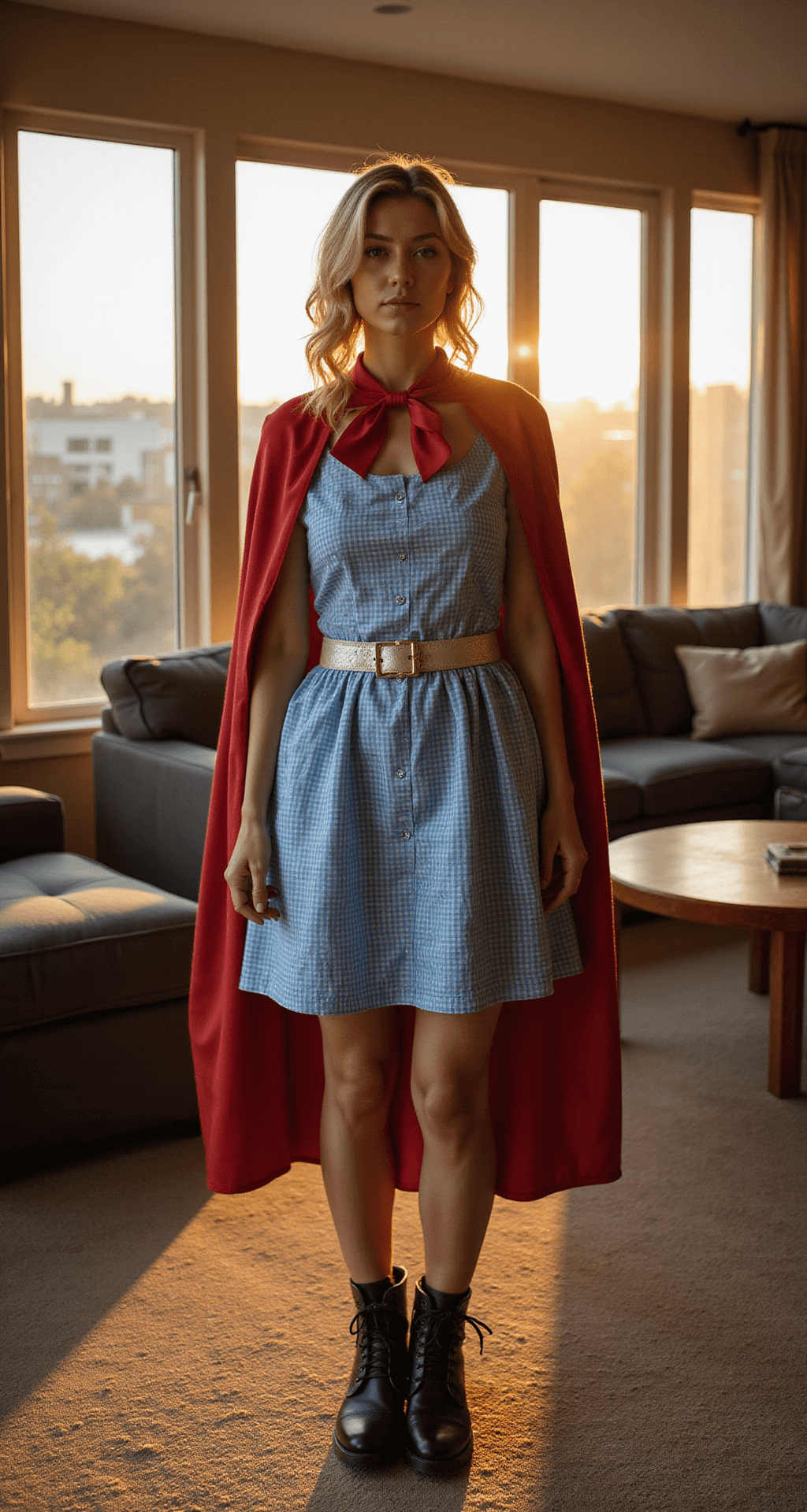 A contemporary living room illuminated with cinema-style lighting, featuring a creative costume fusion of a classic blue gingham dress and a superhero cape, alongside ruby slippers paired with combat boots, all captured from a three-quarter angle. The room is bathed in a golden hour glow from floor-to-ceiling windows, highlighting the playful mix of genres.