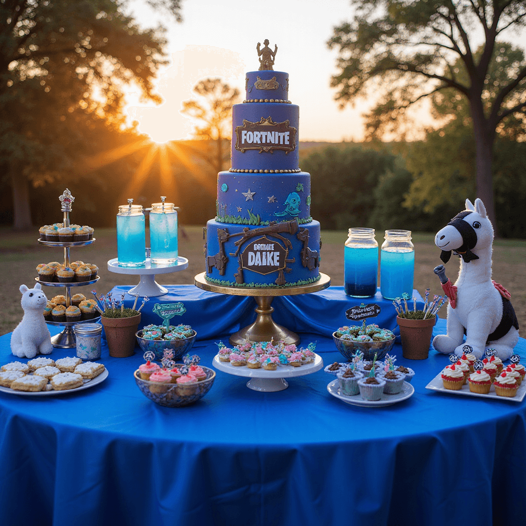 A lavish dessert station bathed in golden hour light, featuring a towering Fortnite-themed cake, weapon-shaped cookies on tiered stands, glowing 'Chug Jug' drink dispensers, and dance move cupcakes, complemented by whimsical Llama plush toys and LED lights for a gaming atmosphere.